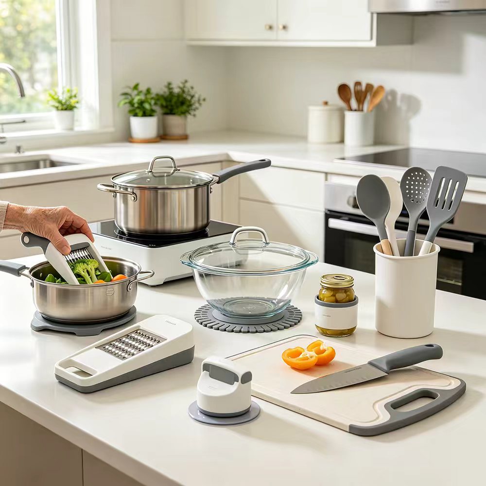 Adaptive Kitchen Tools - Ergonomic cutlery, non-slip bowls, easy-grip utensils, jar openers for seniors