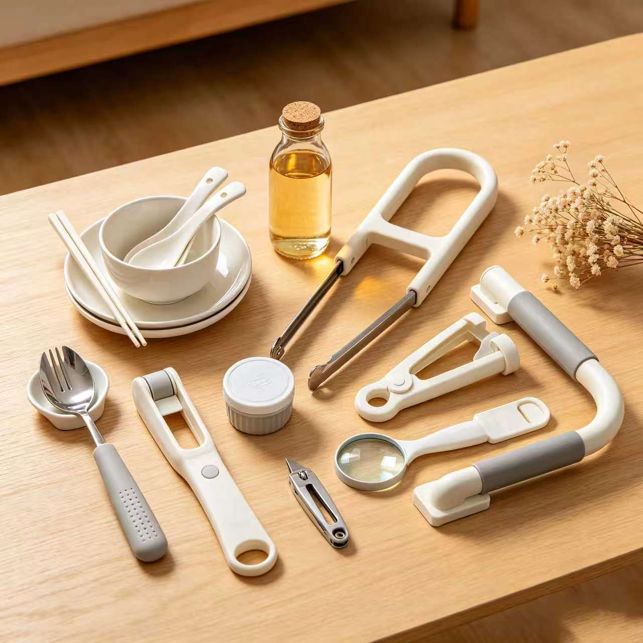 Daily Living Aids - Pill organizers, reaching aids, dressing aids, sock aids, and adaptive tools for independent senior living
