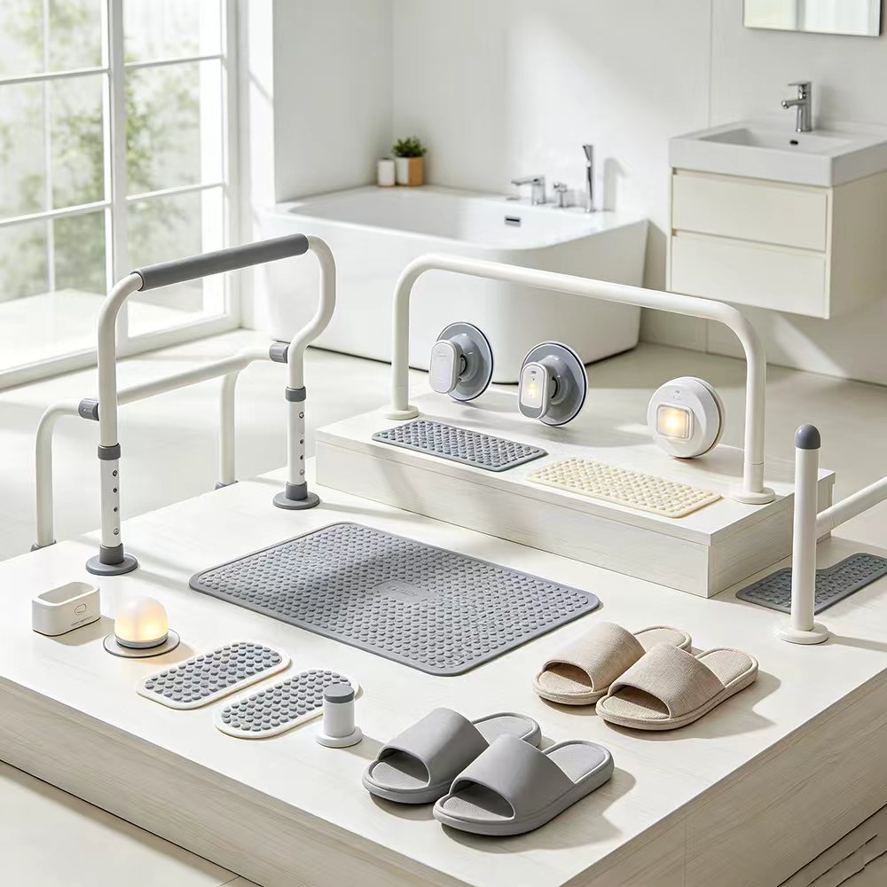 Fall Prevention - Non-slip floor mats, motion-activated night lights, bed exit alarms, hip protectors for senior safety